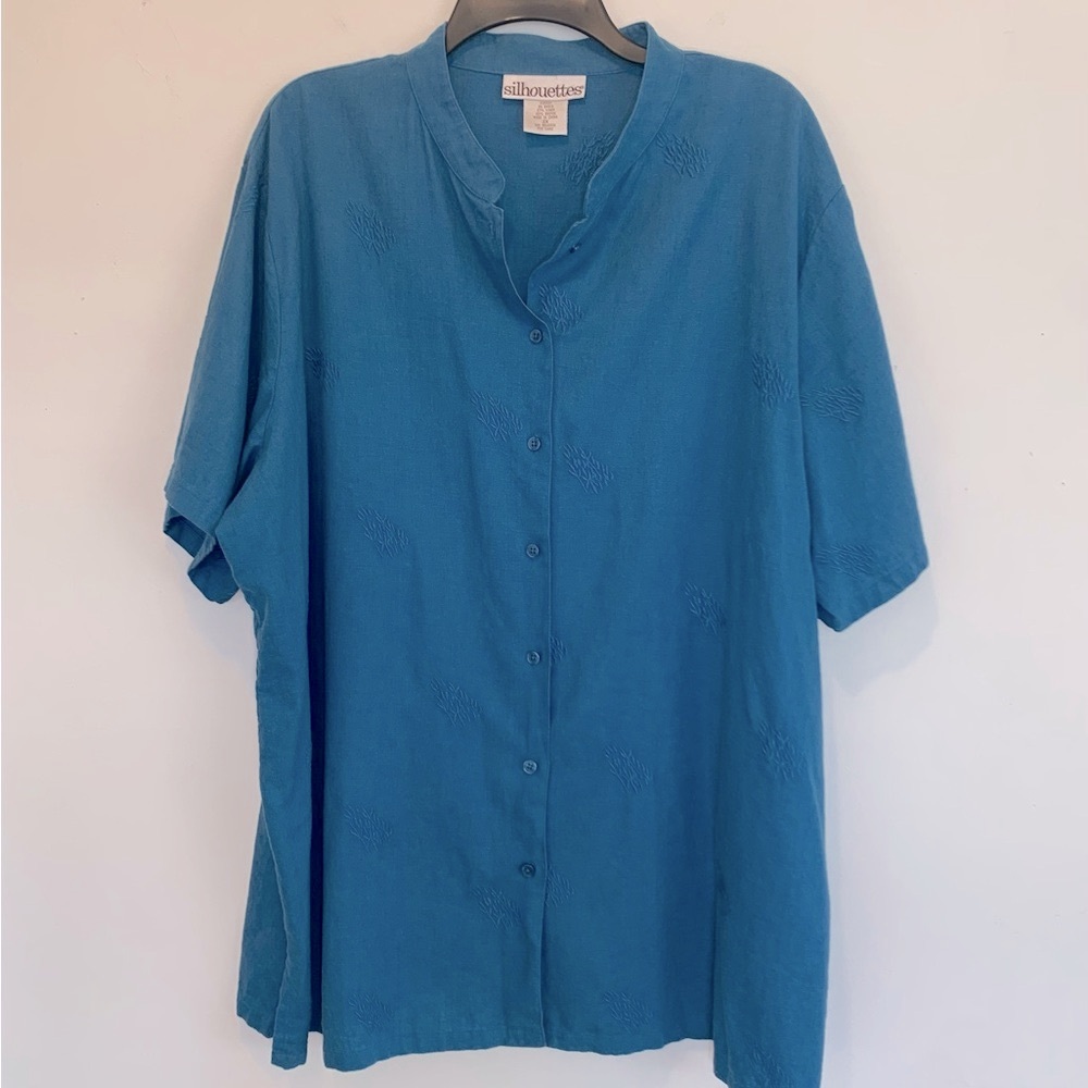 Silhouettes Linen Blend Coastal Blue Button Up Tunic Top 3X